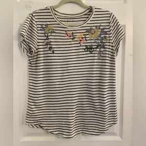 LOFT Women’s Black & White Striped Tee with Floral Embroidery. Size medium $10